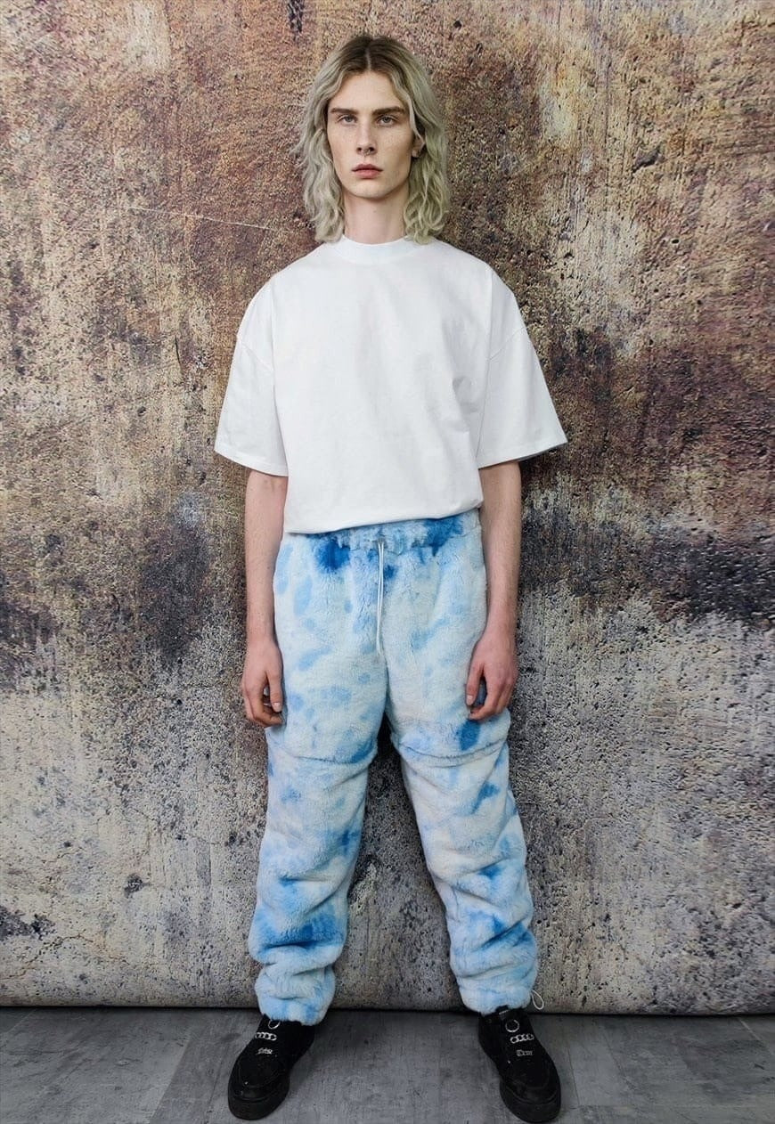 Tie-dye faux fur joggers fleece pants 2 in 1 trouser shorts