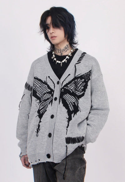 Gothic cardigan distressed jumper knitted butterfly top grey