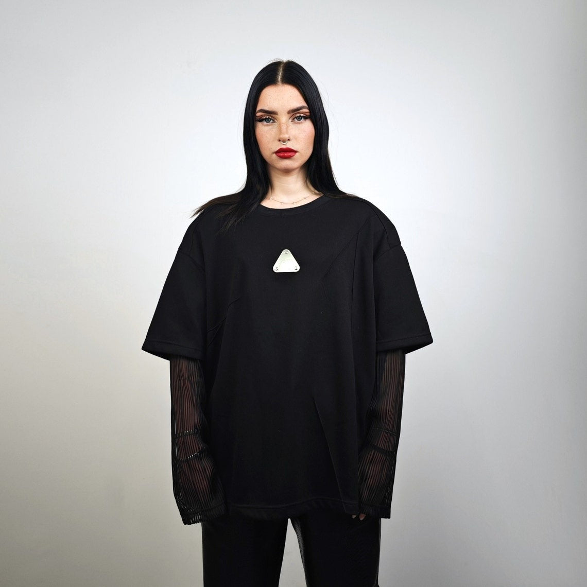 Contrast sleeves top black mesh gothic jumper metal patch blouse sheer rocker t-shirt shoulder padded tee edgy oversize grunge punk pullover