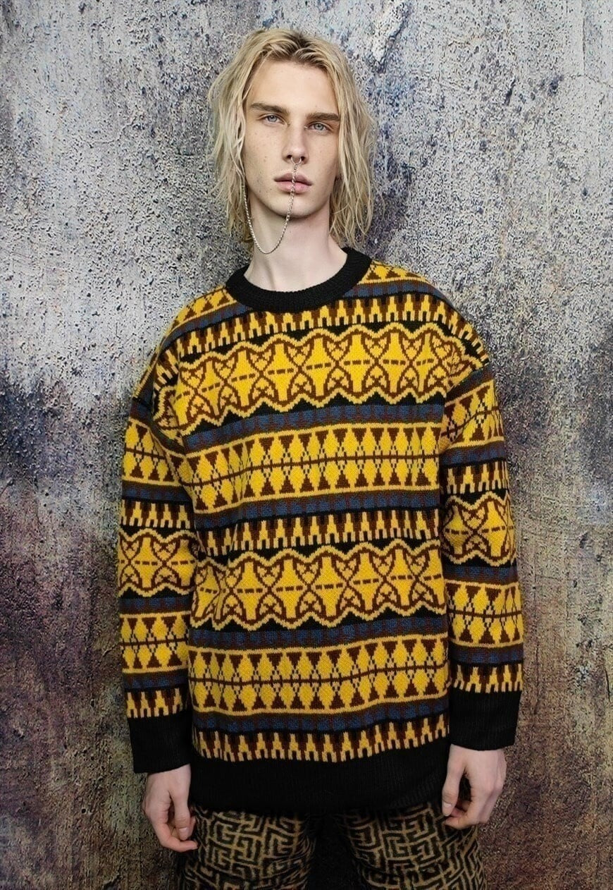 Baroque sweater 90s pattern chunky knit jumper black yellow