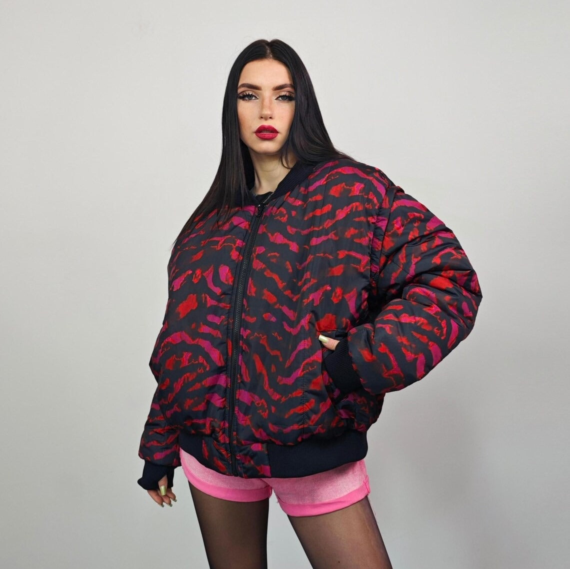 Tiger bomber pink animal print jacket raver reversible college varsity detachable sleeves handmade zebra puffer grunge festival stripe coat