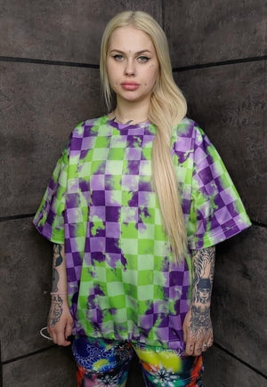 Check print t-shirt handmade acid chess tee punk top purple