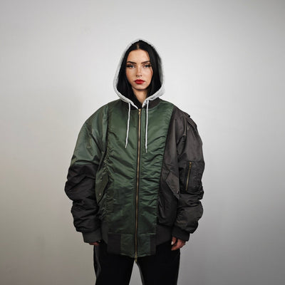 Hooded oversize bomber jacket green colour block baggy utility MA1 90s college coat rapper windbreaker hiphop rain jacket stitch rave puffer