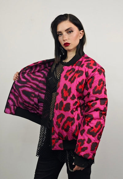 Leopard varsity jacket pink animal print reversible bomber