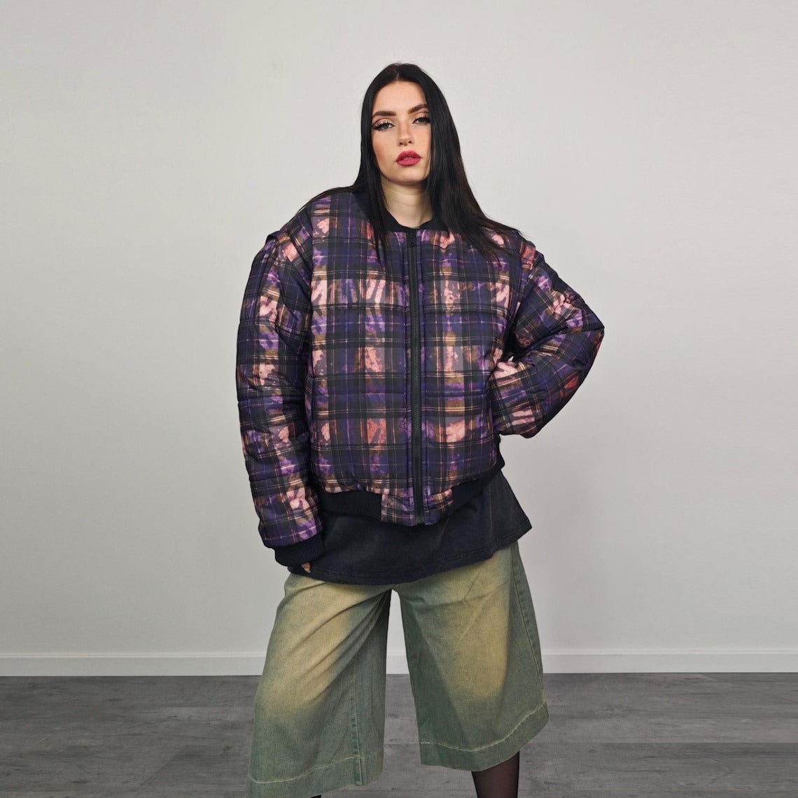 Tie-dye check bomber green brat jacket raver reversible college varsity detachable sleeves handmade plaid puffer grunge punk rocker coat