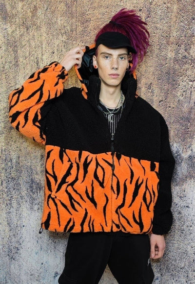 Tattoo fleece hood jacket handmade fluffy zebra bomber black