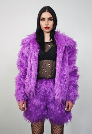 Faux fur shorts purple shaggy cropped pants raver joggers