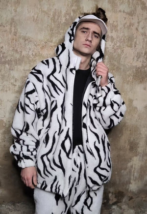 Gothic fleece bomber 2 in1 detachable handmade zebra jacket