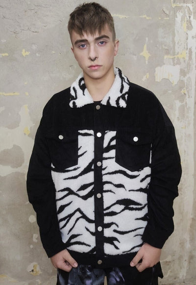 Animal print corduroy jacket zebra fleece patch bomber black