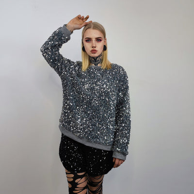 Silver sequin sweatshirt glitter top sparkle jumper party