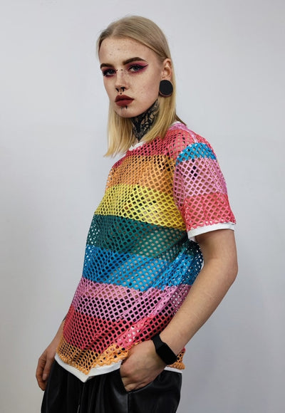 Rainbow mesh top Gay pride sheer t-shirt see-through tee