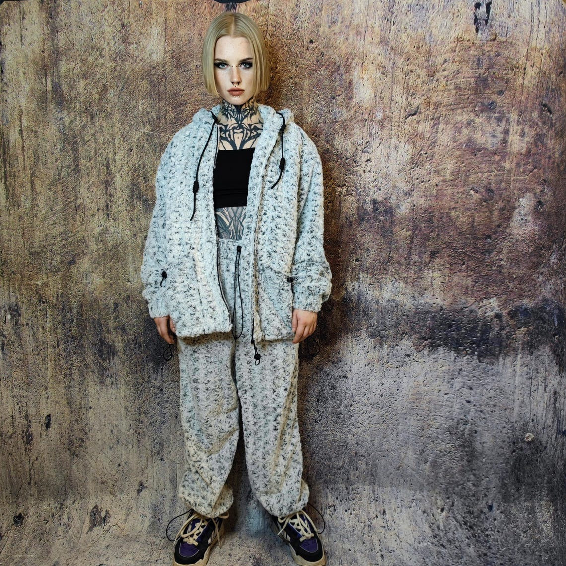 Fluffy fleece jacket hooded geometric bomber luxury grunge coat detachable sleeves handmade rose pattern overcoat fuzzy festival set grey