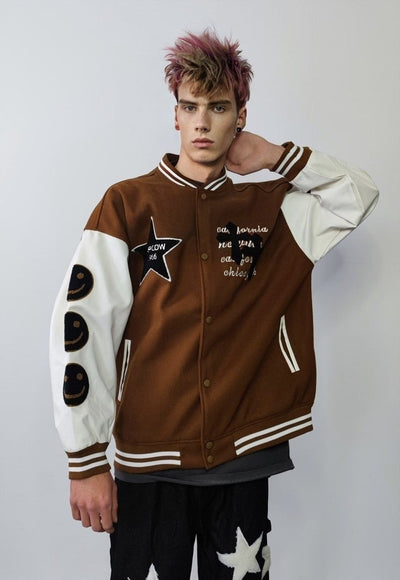 Emoji patch varsity jacket college baseball bomber brown