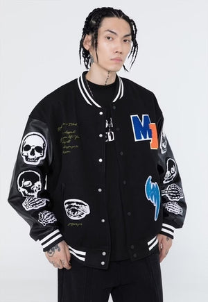 Skull varsity jacket PU leather skeleton MA-1 bomber black