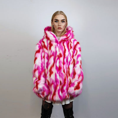 Hooded faux fur striped jacket zebra bomber neon raver coat fluffy tie-dye fleece festival puffer burning man going out overcoat red pink