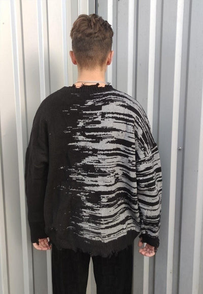 Ripped sweater contrast stitch stripe jumper in black grey