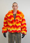 Psychedelic orange coat fauxfur geometric crop hooded bomber