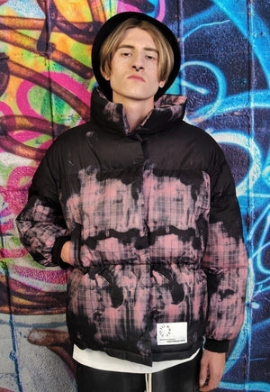 Tartan print bomber gradient check graffiti jacket in pink