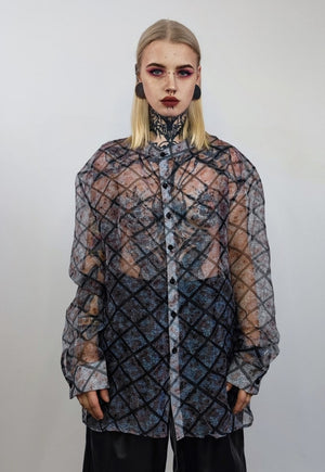 Transparent shirt long sleeve see-through print blouse grey