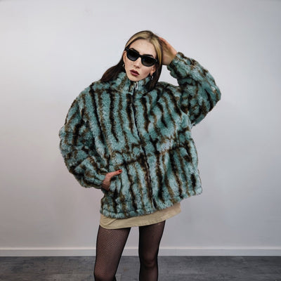 Tie-dye faux fur jacket striped coat grunge fleece imitation bomber short fluffy coat festival overcoat gorpcore sports peacoat green brown