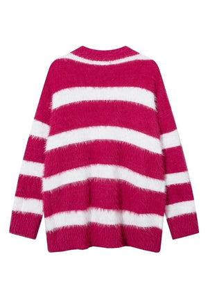 Fluffy striped cardigan fuzzy zebra jumper knitted top white