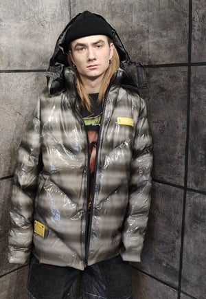 Transparent bomber rubber feel puffer jacket in grey black