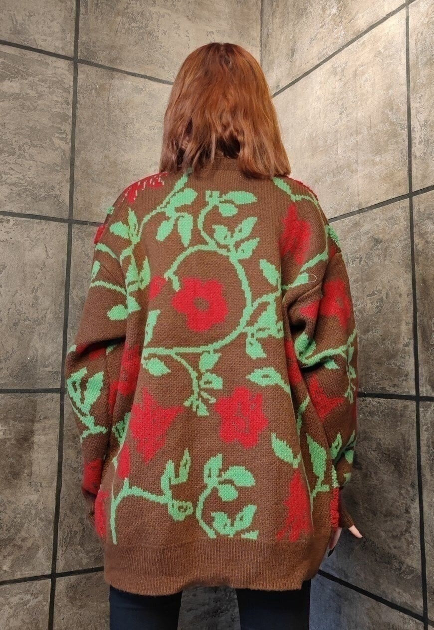 Floral applique sweater rose patch jumper flower top brown