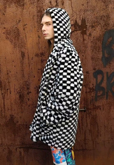 Chequerboard fleece jacket handmade 2 in 1 check coat black