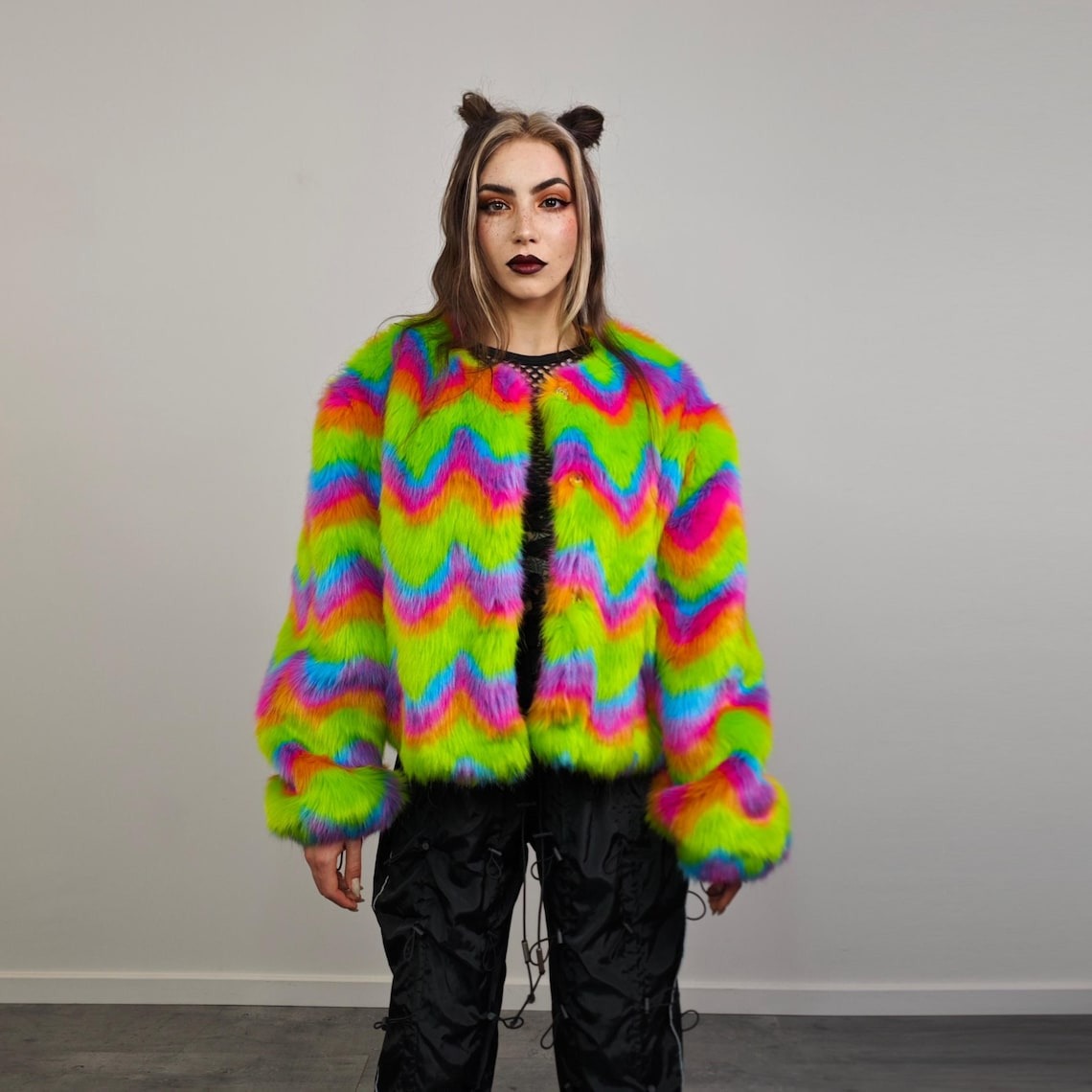 Rainbow faux fur coat short striped collarless jacket unicorn trench fluffy detachable sleeves handmade festival overcoat burning man fleece