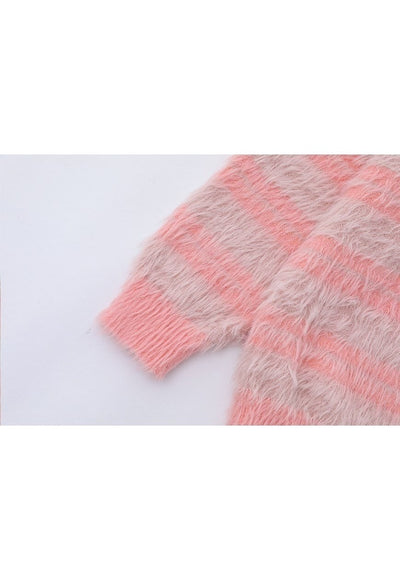 Striped sweater fluffy knit jumper soft fleece pastel pink