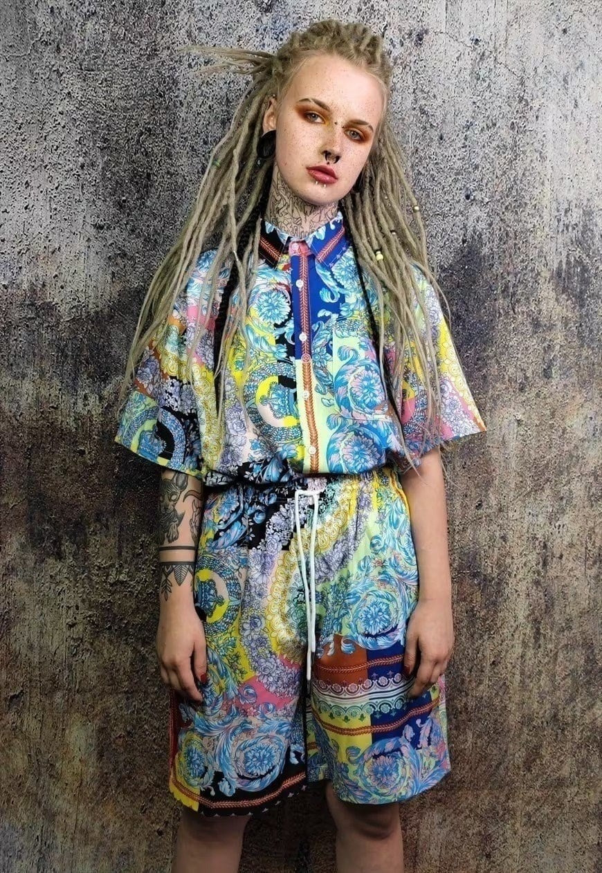 Fluorescent flower shirt rose print short sleeve top yellow