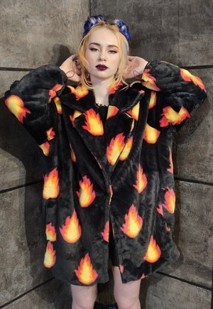 Flame print coat burning fire fleece trench luxury festival jacket fluffy grunge bomber in black orange