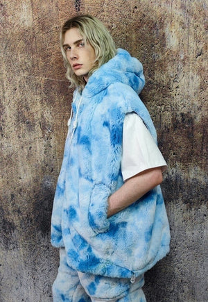 Tie-dye fleece jacket detachable faux fur fest bomber blue