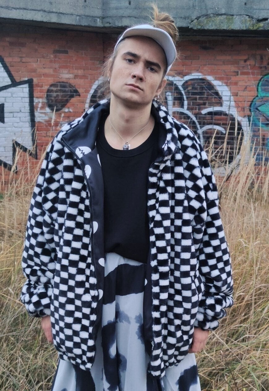 SKA check fleece bomber reversible handmade chess jacket