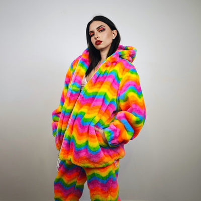 Rainbow fleece jacket psychedelic hood festival glitch rave bomber unicorn carnival overcoat LGBT jumper gay pride pullover burning man top