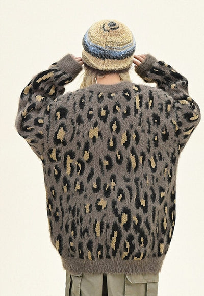 Fluffy leopard cardigan animal print fuzzy jumper in brown