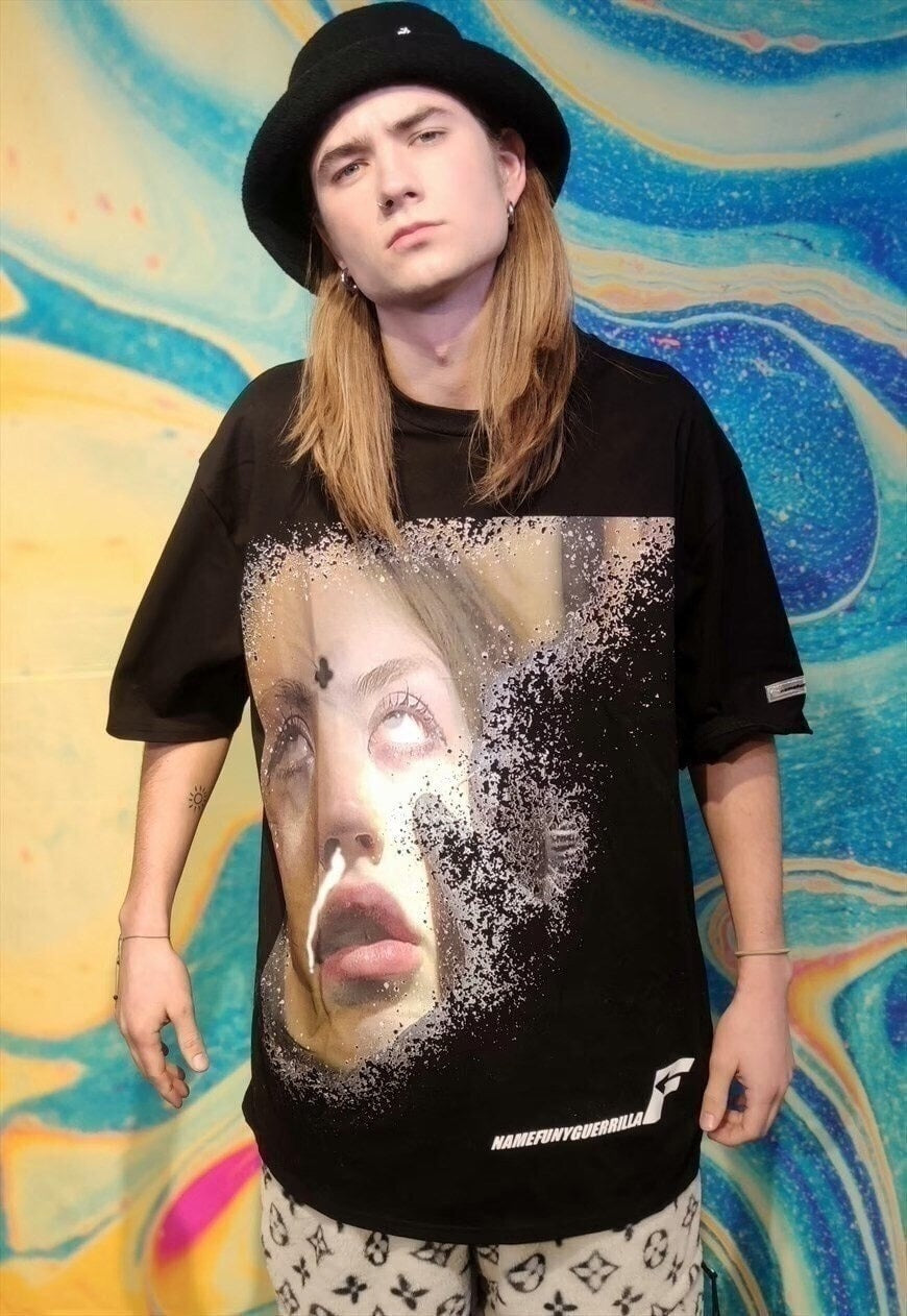 I-girl print tee distressed top paint splatter t-shirt black