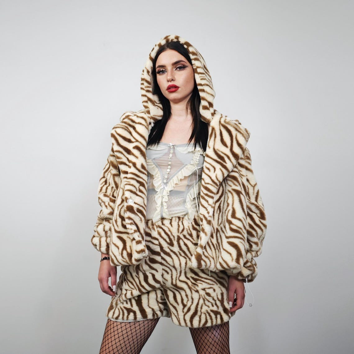 Cropped tiger coat brown short animal print jacket striped trench fauxfur detachable sleeves handmade zebra pattern festival overcoat fleece