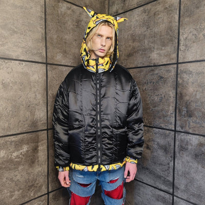 Emoji bomber handmade detachable smile print puffer reversible raver jacket grunge devil horn coat two sided jacket in yellow