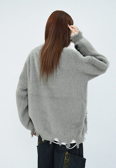 Fluffy distressed sweater stripe pattern hairy jumper grey