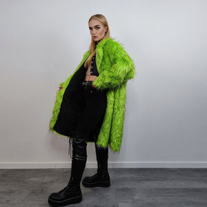 Shaggy faux fur longline coat neon trench bright raver bomber fluffy winter fleece luminous festival jacket burning man fuzzy coat in green