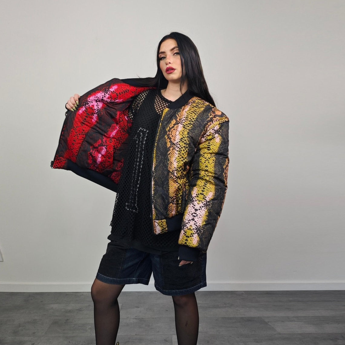 Snake print bomber red python jacket reversible college varsity detachable sleeves handmade grunge rocker coat