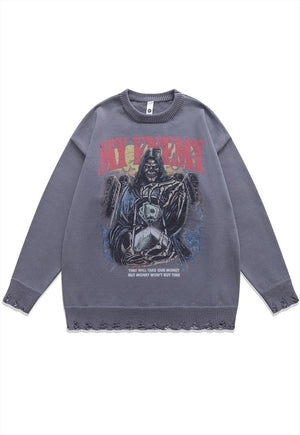 Creepy sweater skeleton knit distressed horror jumper black