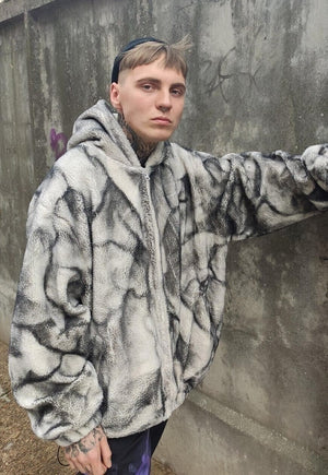 Rough bleach fleece hoodie washed out fake fur jacket grey