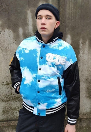 Clouds varsity bomber sky faux leather sleeves jacket blue