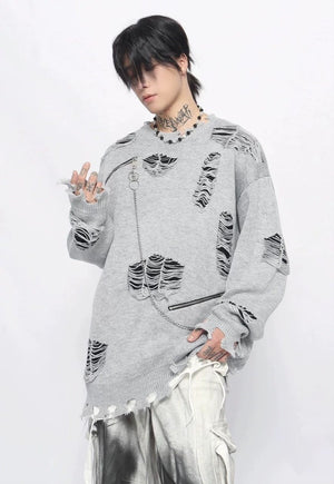 Ripped sweater chained top knit distressed punk jumper grey