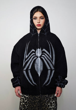 Gothic fleece jacket spider graffiti fluffy bomber punk coat