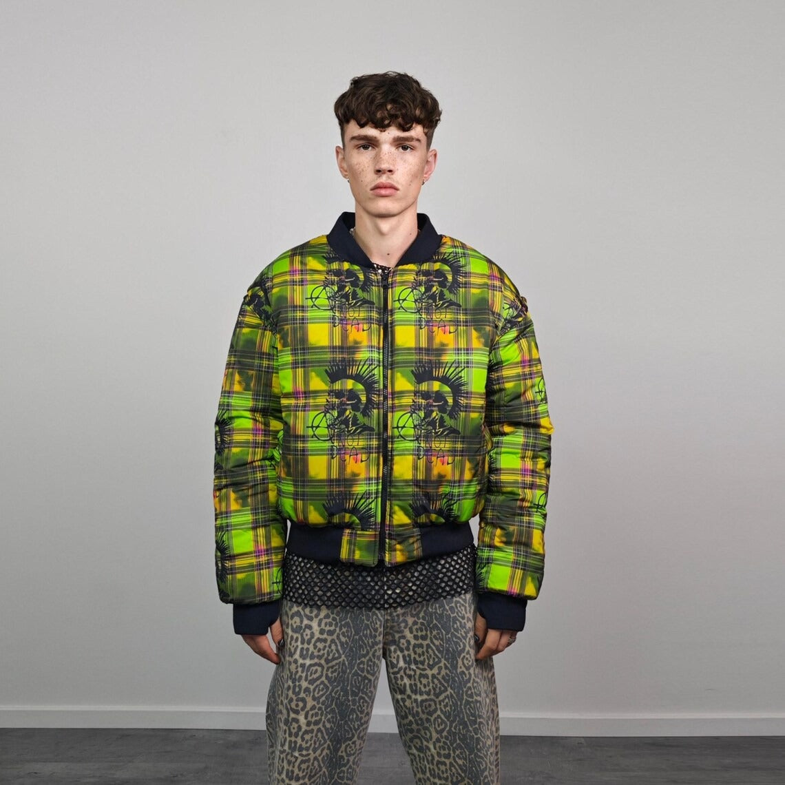 Punk bomber pink check plaid jacket anarchy sign reversible college varsity detachable sleeves handmade grunge doll print festival rave coat