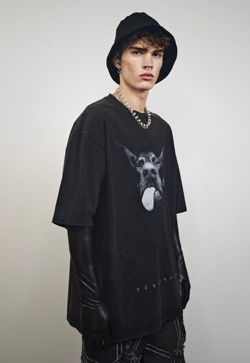Dobermann t-shirt Pinscher tee dog print top in vintage grey