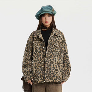 Leopard denim jacket button animal print jean bomber green